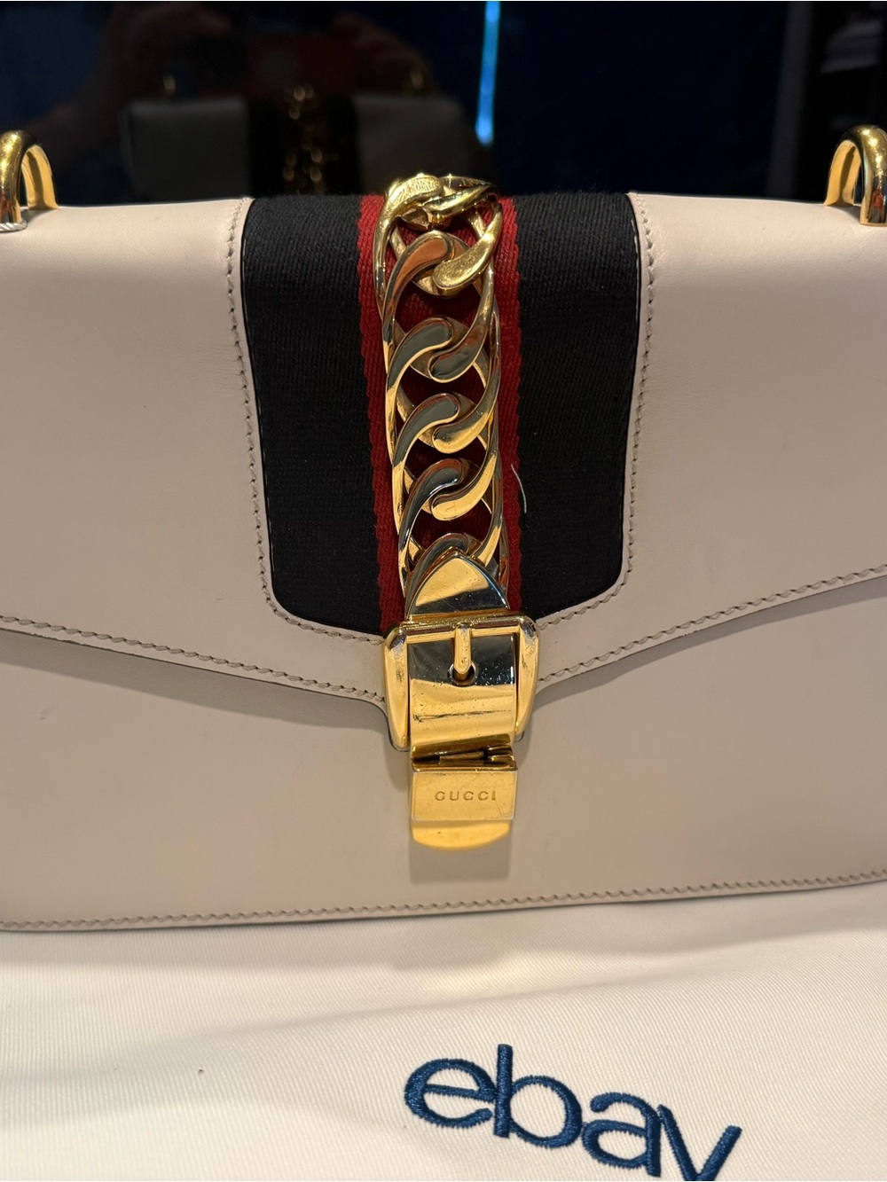 Gucci Sylvie White Leather Shoulder Bag with Gold Chain Accent